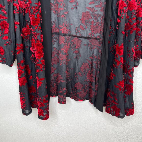 Alex Evenings Womens Red Black Floral Velvet Burnout Whimsygoth Cardigan kimono - Picture 4 of 9